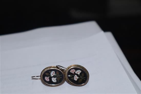 Five assorted pairs of earrings including pietra dura, enamel and gem set bug earrings, a swallow brooch and spider brooch.